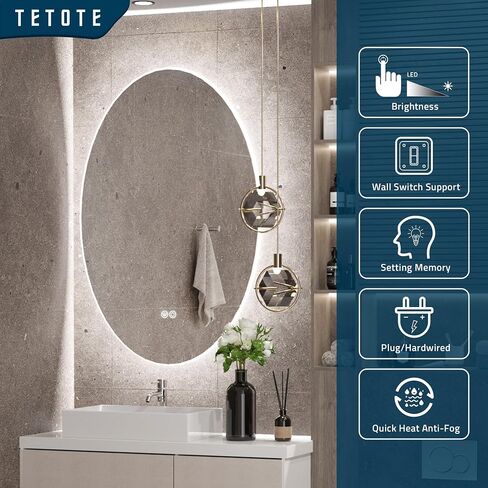 مرآة بيضاوية بإضاءة خلفية مقاس 24 × 32 بوصة من TETOTE للحمام، مرآة زينة LED للمكياج، قابلة للتعتيم، مرآة حديثة مضادة للضباب مع مرآة مثبتة على الحائط in Kuwait