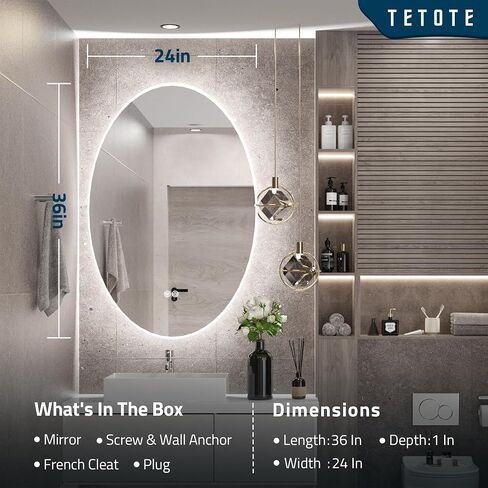 مرآة بيضاوية بإضاءة خلفية مقاس 24 × 32 بوصة من TETOTE للحمام، مرآة زينة LED للمكياج، قابلة للتعتيم، مرآة حديثة مضادة للضباب مع مرآة مثبتة على الحائط in Kuwait