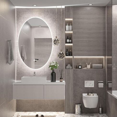 مرآة بيضاوية بإضاءة خلفية مقاس 24 × 32 بوصة من TETOTE للحمام، مرآة زينة LED للمكياج، قابلة للتعتيم، مرآة حديثة مضادة للضباب مع مرآة مثبتة على الحائط in Kuwait