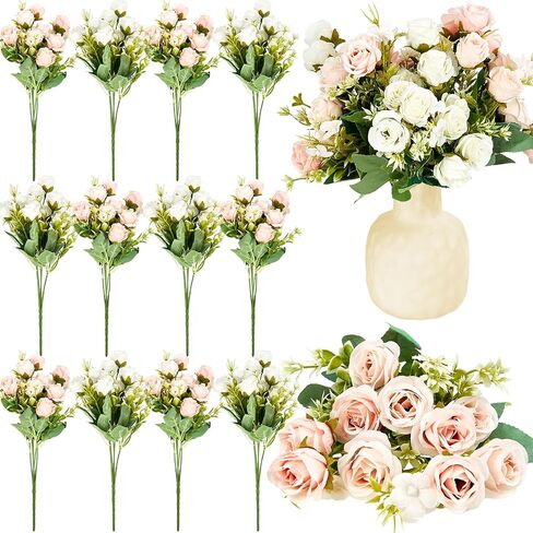 Tigeen 12 Bundles Silk Rose Artificial Flowers Faux Rose Bouquet Fake Rose Artificial Flowers Bouquets for Vase Floral Arrangements Wedding Home Table Decoration in Saudi Arabia