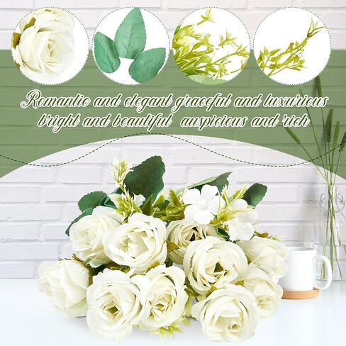 Tigeen 12 Bundles Silk Rose Artificial Flowers Faux Rose Bouquet Fake Rose Artificial Flowers Bouquets for Vase Floral Arrangements Wedding Home Table Decoration in Saudi Arabia