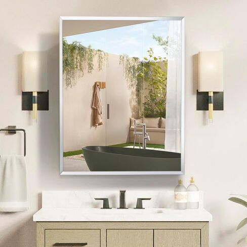 Movo Medicine Cabinet with Mirror, 24 Inch x 30 Inch Aluminum Mirror Cabinet with Single Door, Bathroom Medicine Cabinet, Surface Mount or Recess Installation,Silver in Kuwait