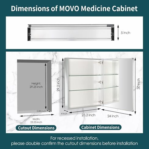 Movo Medicine Cabinet with Mirror, 24 Inch x 30 Inch Aluminum Mirror Cabinet with Single Door, Bathroom Medicine Cabinet, Surface Mount or Recess Installation,Silver in Kuwait