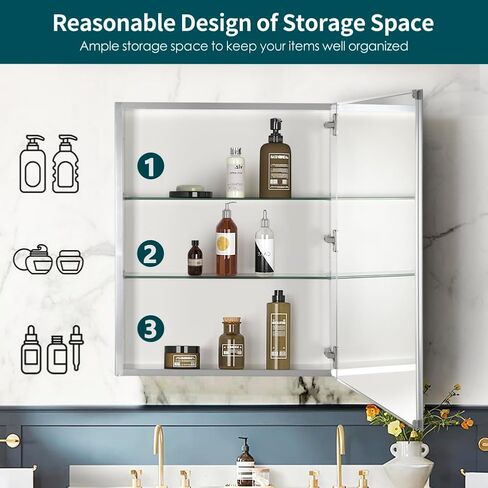 Movo Medicine Cabinet with Mirror, 24 Inch x 30 Inch Aluminum Mirror Cabinet with Single Door, Bathroom Medicine Cabinet, Surface Mount or Recess Installation,Silver in Kuwait