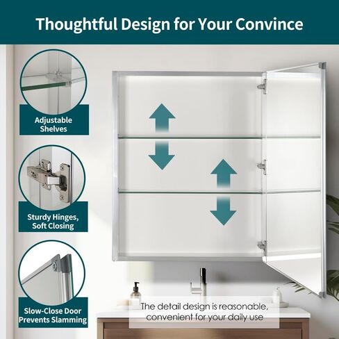 Movo Medicine Cabinet with Mirror, 24 Inch x 30 Inch Aluminum Mirror Cabinet with Single Door, Bathroom Medicine Cabinet, Surface Mount or Recess Installation,Silver in Kuwait