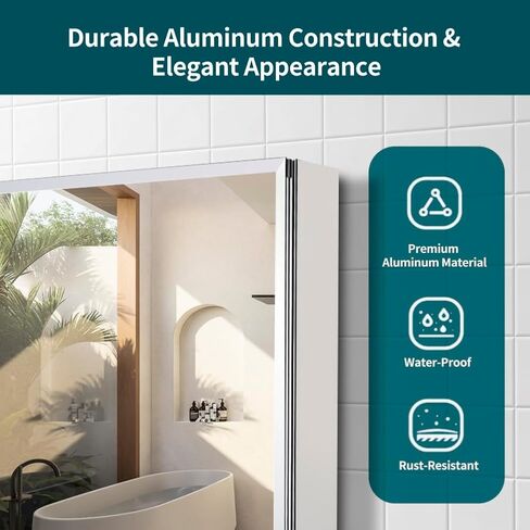 Movo Medicine Cabinet with Mirror, 24 Inch x 30 Inch Aluminum Mirror Cabinet with Single Door, Bathroom Medicine Cabinet, Surface Mount or Recess Installation,Silver in Kuwait