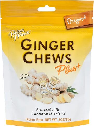 أمير السلام مضغ الزنجبيل بلس + الأصلي، 3 أوقية. حقيبة – مساعدة الجهاز الهضمي، الإغاثة، الحلوى الصحية، مساعدة المعدة in Kuwait