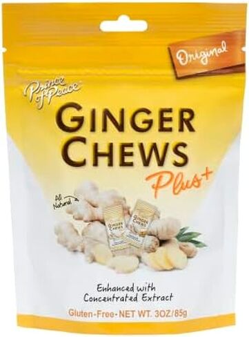 أمير السلام مضغ الزنجبيل بلس + الأصلي، 3 أوقية. حقيبة – مساعدة الجهاز الهضمي، الإغاثة، الحلوى الصحية، مساعدة المعدة in Kuwait