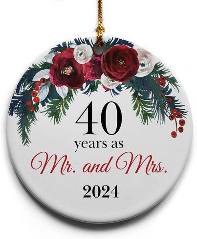 40 Years as Mr. and Mrs. - 40th Anniversary for Parents, Couple, 40 wedding anniversary Ceramic Christmas Tree Ornament Gift, Holiday Keepsake in Gift Box, 2.875" Round - Printed in USA in Saudi Arabia