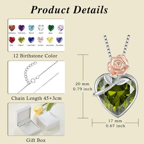 Love Heart March Birthstone Necklace for Women 925 Sterling Silver Aquamarine Necklace Rose Flower Pendent Dainty Jewelry Gifts for Women Wife Girlfriend Mother Daughter Her in Saudi Arabia