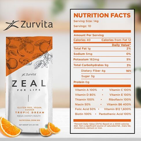 Zurvita Zeal for Life Wellness Drink Mix - Tropic Dream Flavor, 10 Single-Serving Packets - Gluten-Free, Vegan, with Biotin, Vitamins B12, C, D, E, Iron, Magnesium, Zinc, and More for Overall Health in Saudi Arabia
