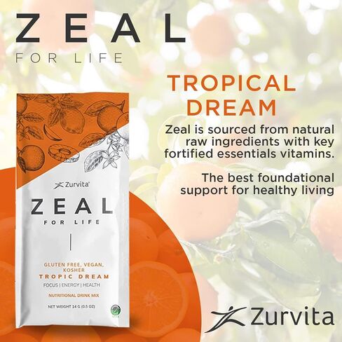 Zurvita Zeal for Life Wellness Drink Mix - Tropic Dream Flavor, 10 Single-Serving Packets - Gluten-Free, Vegan, with Biotin, Vitamins B12, C, D, E, Iron, Magnesium, Zinc, and More for Overall Health in Saudi Arabia