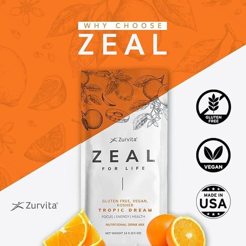 Zurvita Zeal for Life Wellness Drink Mix - Tropic Dream Flavor, 10 Single-Serving Packets - Gluten-Free, Vegan, with Biotin, Vitamins B12, C, D, E, Iron, Magnesium, Zinc, and More for Overall Health in Saudi Arabia