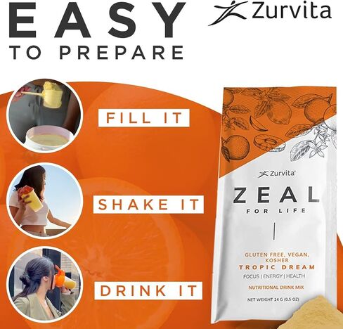 Zurvita Zeal for Life Wellness Drink Mix - Tropic Dream Flavor, 10 Single-Serving Packets - Gluten-Free, Vegan, with Biotin, Vitamins B12, C, D, E, Iron, Magnesium, Zinc, and More for Overall Health in Saudi Arabia