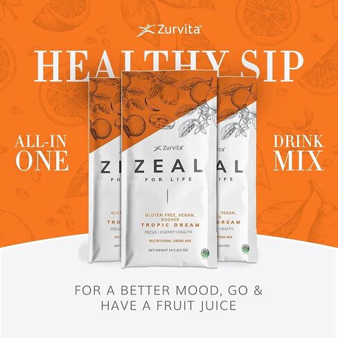 Zurvita Zeal for Life Wellness Drink Mix - Tropic Dream Flavor, 10 Single-Serving Packets - Gluten-Free, Vegan, with Biotin, Vitamins B12, C, D, E, Iron, Magnesium, Zinc, and More for Overall Health in Saudi Arabia