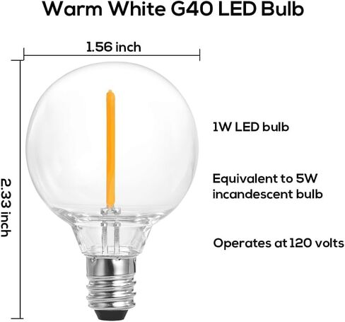 SUNTHIN 25 Pack G40 LED Bulbs, 1W LED Bulbs with E12 Base, 5 Watt Incandescent Bulbs Equivalent, Warm White 2700K, Replacement Bulbs for Globe String Lights, Indoor & Outdoor Use in Saudi Arabia