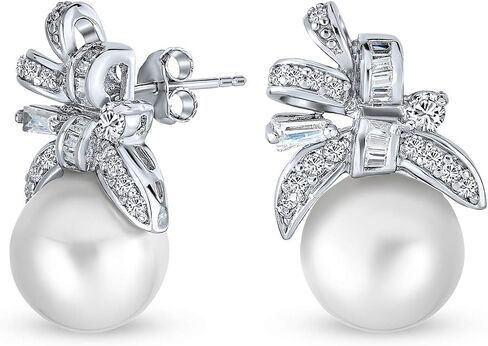 Classic Vintage Style Cocktail Bridal Wedding Party Halo Leaf AAA CZ Marquise White Simulated Pearl Stud Earrings For Women For Wedding Omega Back Silver Plated in Saudi Arabia