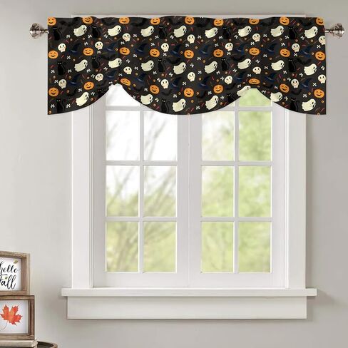 JOOCAR Halloween Cartoon Curtain Kitchen Valances for Windows Blackout Window Curtains for Kitchen Living Dining Room Happy Halloween Ghost Cat Skull Pumpkin Valances for Windows 54" W x 18" L in Saudi Arabia