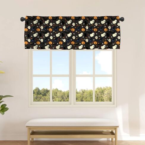 JOOCAR Halloween Cartoon Curtain Kitchen Valances for Windows Blackout Window Curtains for Kitchen Living Dining Room Happy Halloween Ghost Cat Skull Pumpkin Valances for Windows 54" W x 18" L in Saudi Arabia