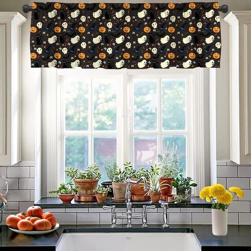 JOOCAR Halloween Cartoon Curtain Kitchen Valances for Windows Blackout Window Curtains for Kitchen Living Dining Room Happy Halloween Ghost Cat Skull Pumpkin Valances for Windows 54" W x 18" L in Saudi Arabia