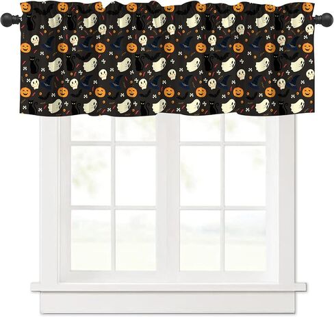 JOOCAR Halloween Cartoon Curtain Kitchen Valances for Windows Blackout Window Curtains for Kitchen Living Dining Room Happy Halloween Ghost Cat Skull Pumpkin Valances for Windows 54" W x 18" L in Saudi Arabia