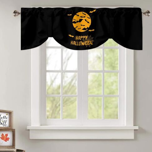 JOOCAR Halloween Cartoon Curtain Kitchen Valances for Windows Blackout Window Curtains for Kitchen Living Dining Room Happy Halloween Ghost Cat Skull Pumpkin Valances for Windows 54" W x 18" L in Saudi Arabia