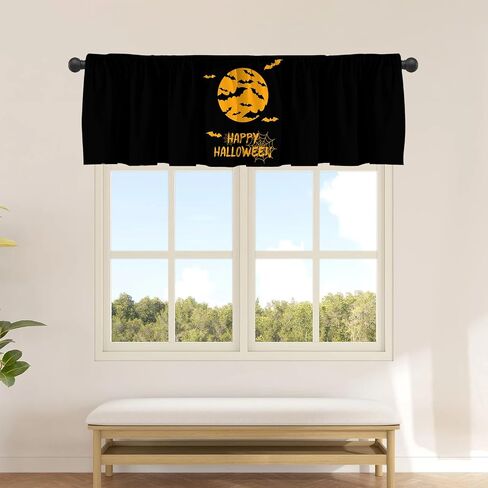 JOOCAR Halloween Cartoon Curtain Kitchen Valances for Windows Blackout Window Curtains for Kitchen Living Dining Room Happy Halloween Ghost Cat Skull Pumpkin Valances for Windows 54" W x 18" L in Saudi Arabia