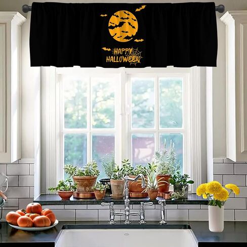 JOOCAR Halloween Cartoon Curtain Kitchen Valances for Windows Blackout Window Curtains for Kitchen Living Dining Room Happy Halloween Ghost Cat Skull Pumpkin Valances for Windows 54" W x 18" L in Saudi Arabia