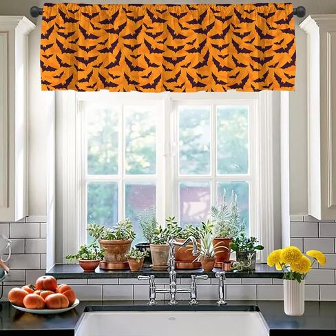 JOOCAR Halloween Cartoon Curtain Kitchen Valances for Windows Blackout Window Curtains for Kitchen Living Dining Room Happy Halloween Ghost Cat Skull Pumpkin Valances for Windows 54" W x 18" L in Saudi Arabia