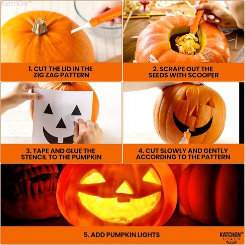 KatchOn, Halloween Pumpkin Carving Tools - Pack of 31 | Pumpkin Carving Kit, 13 Pcs Stainless Steel Pumpkin Carving Tools for Halloween Decorations | 18 Pcs Professional Pumpkin Carving Stencils in Saudi Arabia