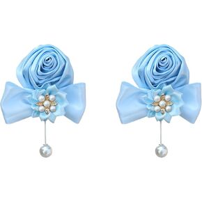 Satin Rose Bridal Wrist Corsage 2pcs Set Hand Flower for Wedding Bride Bridesmaid Mother Sisters Wristband for Prom, Homecoming, Quinceanera, Tea Party, Bridal Shower, Formal Dinner, Blue