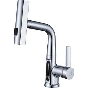 Bathroom Faucet with LED Temperature Display, Liftable Bathroom Faucet with Pull Down Sprayer, Waterfall Rainfall Faucet for Bathroom Sink, Single Handle Faucet for Bathroom and Kitchen White