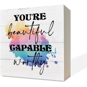 لافتات خشبية ملهمة، ديكور مكتب لافتة صندوق خشبي، فن ديكور المنزل، ديكور غرفة الفتيات، هدايا تشجيع لأفضل صديقات النساء، هدية زميل العمل لها، أنت جميلة وجديرة بالقدرة in Kuwait