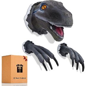Mini 3D Dinosaur Wall Sculpture Set - Lifelike 3D Wall Sculpture for Kids' Bedrooms & Home Decor - Realistic Dino Head,Claws,and Eyes - Ideal Gift for Dino Enthusiasts with Gift Box Packaging (Brown)