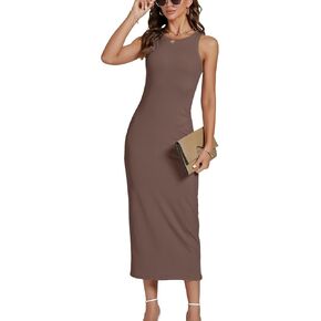 LYANER Women's Ribbed Knit Crew Neck Slim Fit Sleeveless Bodycon Basic Tank Midi Dress