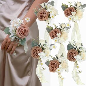 Walnut Brown Corsage for Wedding(Set of 6),Wrist Corsage,Corsage for Prom,Boho Wedding,Party Prom Hand Flower Decor,Mother of The Bride Corsage,Bridesmaid Wrist Corsage