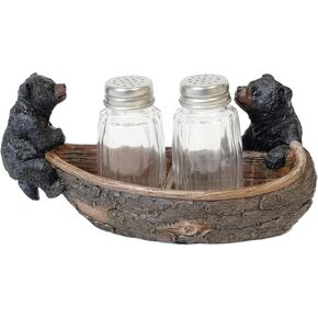 Polyresin Whimsical Black Bear in a Canoe Boat Rustic Outdoor Salt and Pepper Shaker Holder Set