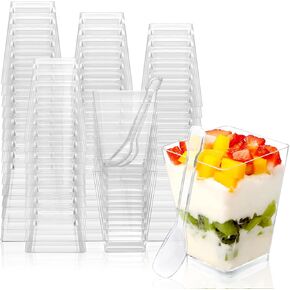 50 Pack 5 oz Plastic Square Dessert Cups with Spoons, Yogurt Parfait Cups Appetizer Cups for Party, Mini Dessert Cups with Spoons Dessert Shooter Cups with Spoons for Pudding and Fruit