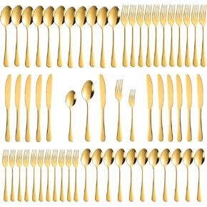 60-Piece Gold Silverware Set, Stainless Steel Flatware Cutlery Set Service for 12, Gold Utensils Tableware Cutlery Set for Home Restaurant, Mirror Finish, Dishwasher Safe (Gold)