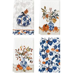 Artoid Mode Blue Vase Pumpkin Fall Kitchen Towels Dish Towels, 18x26 Inch Autumn Floral Leaves Decoration Hand Towels Set of 4