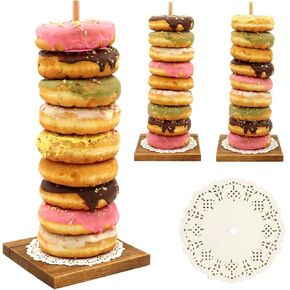 Farmhouse Donut Stand, 3PCS Wooden Donut Holder Display 27 Donuts, Reusable Bagel Donut Holder Stands for Wedding Birthday Party Decoration Baby Shower