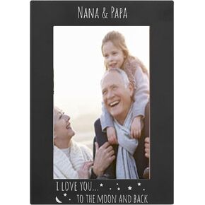 Nana & Papa I Love You to The Moon and Back - Anodized Aluminum Metal Hanging/Tabletop Personalized Group Family Photo Fits 4x6 Portrait Picture Custom Black Frame