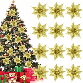 Tuzuaol 12 PCS Glitter Poinsettia Artificial Flowers Rose Gold Christmas Xmas Tree Ornaments for Wedding Party New Year Decoration