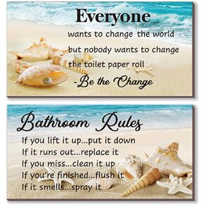 2 Pieces Bathroom Rules Wall Decor Beach Bathroom Rules Wall Art Funny Ocean Beach Bathroom Rules Signs Best Seat in The House Bathroom Sign for Bathroom Toilet Wall Decor (Ocean 12x6 inch)