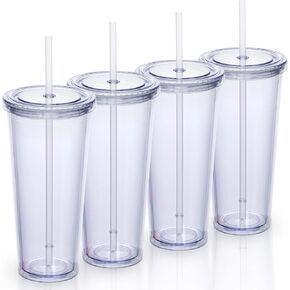 24oz Double Wall Plastic Tumblers with Lids and Straws | Large Classic Travel Tumbler | 4 Pack Set of 4 | Clear Reusable Cups with Straws | BPA Free