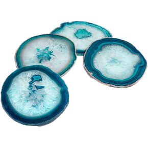 AMOYSTONE Teal Agate Coasters for Drinks Geode Coasters Set of 4 Crystal Quartz Rock Coasters Agate Slices with Rubber Bumpers 3-3.5"