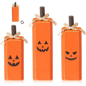 WATINC 3PCS Fall Pumpkin Tiered Tray Decoration, Halloween Reversible Wooden Standing Block Set, Autumn Thanksgiving Block Wood Faux Centerpiece Sign, Fall Rustic Farmhouse Party Table Décor for Home