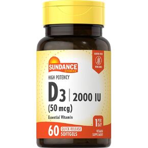 Sundance High Potency Vitamin D3 | 2000 IU (50 mcg) | 60 Quick Release Softgels | Non-GMO and Gluten Free Supplement
