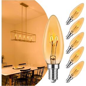 AMDTU E12 Candelabra Light Bulbs 20W 25W Replacement, Super Thin Filament E12 LED Light Bulbs Dimmable, Chandelier Candle Light Bulb 2000K Soft Warm, Amber Candelabra Type B Light Bulb 2W, 6pack