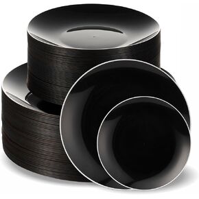 100 PCS Disposable Plastic Black Plates Combo | 50 7.5 In. Gold Rim Appetizer/Dessert Plastic Plates And 50 10 In. Gold Rim Plastic Dinner Plates | Heavy Duty Plates For Wedding, Parties Or Catering